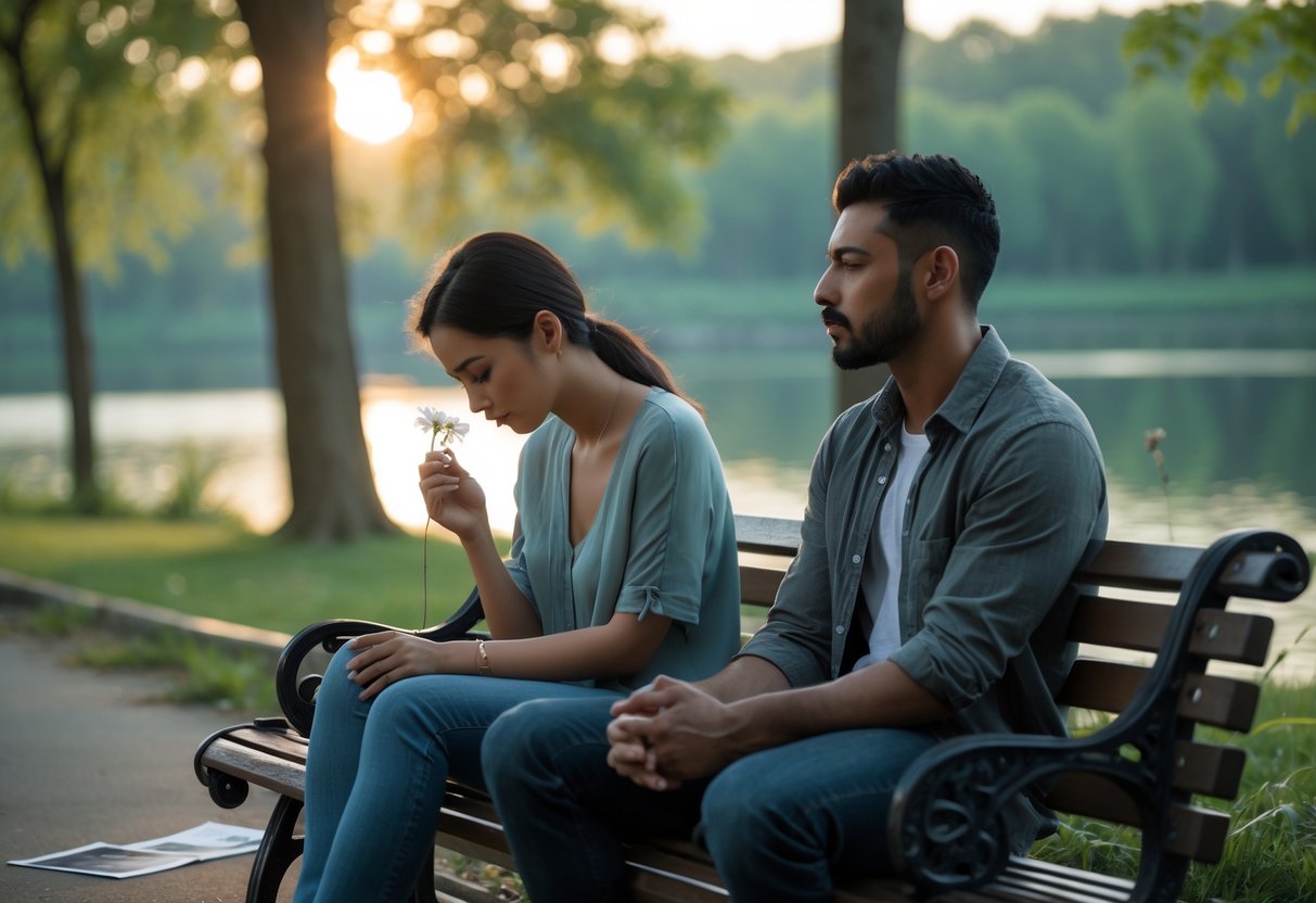 A couple sitting quietly on a park bench looking thoughtful and distant, with a torn photograph beside them and sunlight filtering through trees.
