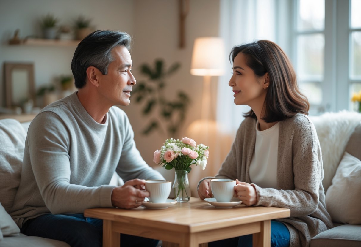 A man and woman sitting at a table having a calm and hopeful conversation in a cozy living room.