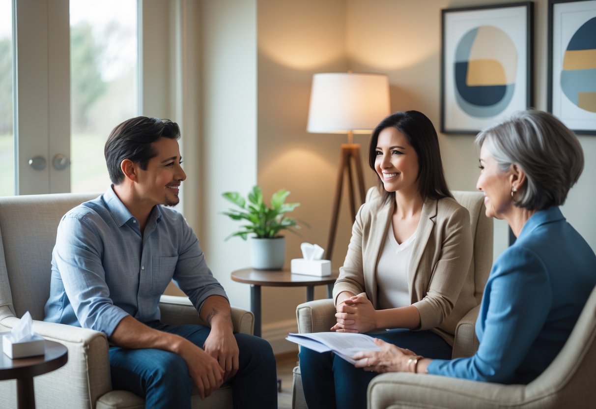 Two adults talking with a therapist in a warm, comfortable office setting, showing a supportive and hopeful environment.