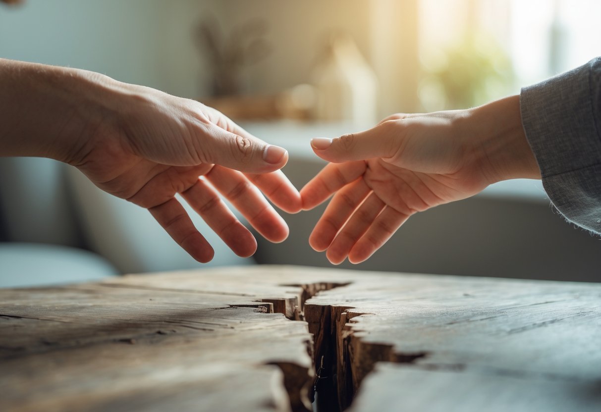 Two hands reaching out towards each other over a cracked wooden table, symbolizing a broken relationship and the possibility of healing.