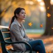 A young woman sitting alone on a park bench surrounded by autumn leaves, looking thoughtful and peaceful.