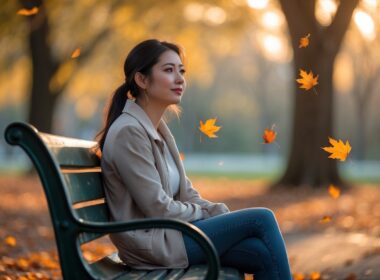 A young woman sitting alone on a park bench surrounded by autumn leaves, looking thoughtful and peaceful.