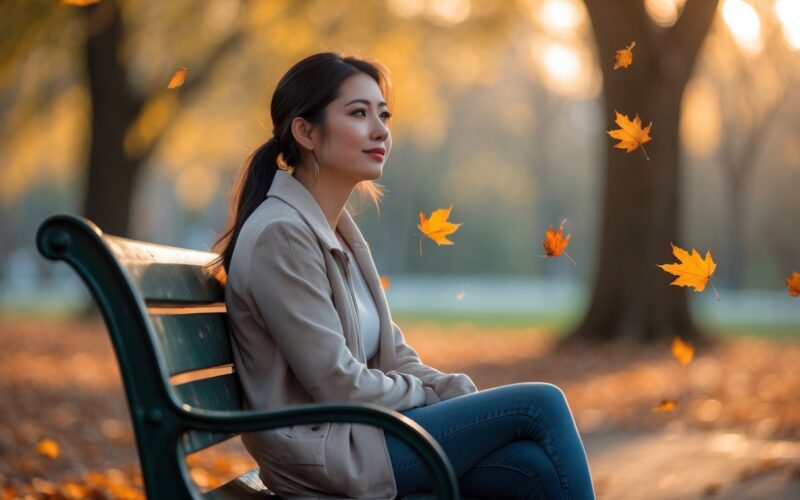 A young woman sitting alone on a park bench surrounded by autumn leaves, looking thoughtful and peaceful.