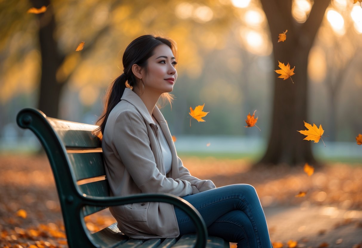 A young woman sitting alone on a park bench surrounded by autumn leaves, looking thoughtful and peaceful.