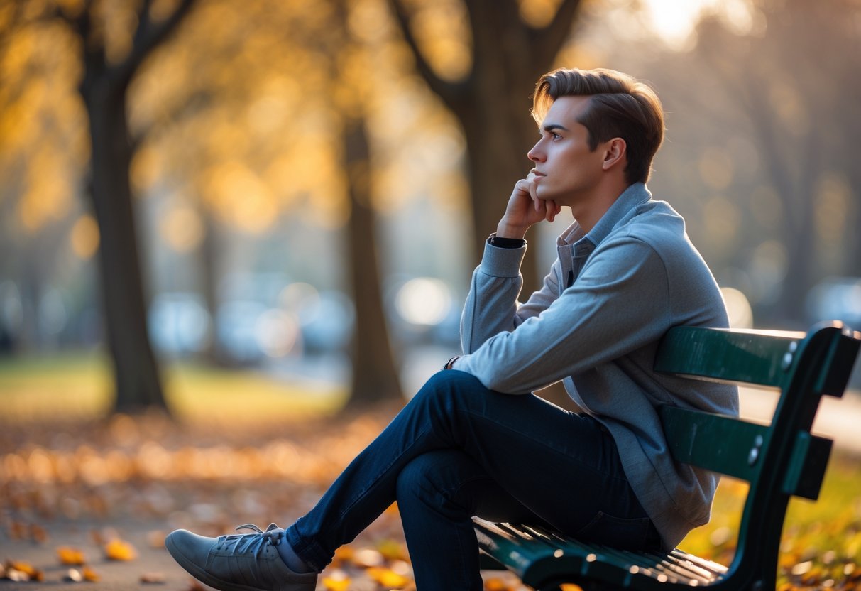 A young adult sitting alone on a park bench, looking thoughtful and contemplative in a quiet outdoor setting with autumn leaves around.