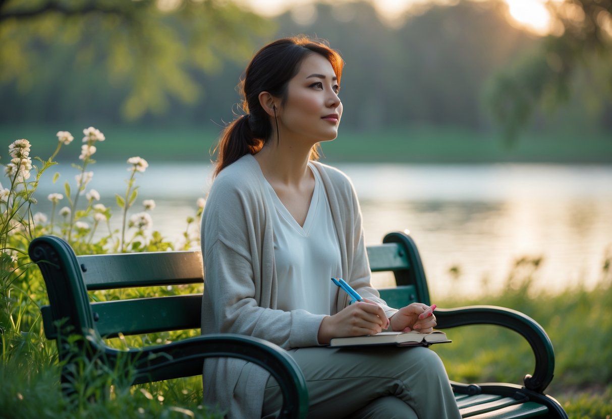 A young woman sitting on a park bench by a lake, holding a journal and pen, looking thoughtful and peaceful.