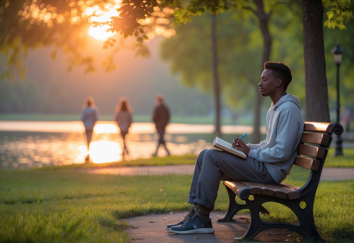 A person sitting on a park bench near a lake during sunset, writing in a journal and looking peaceful and reflective.