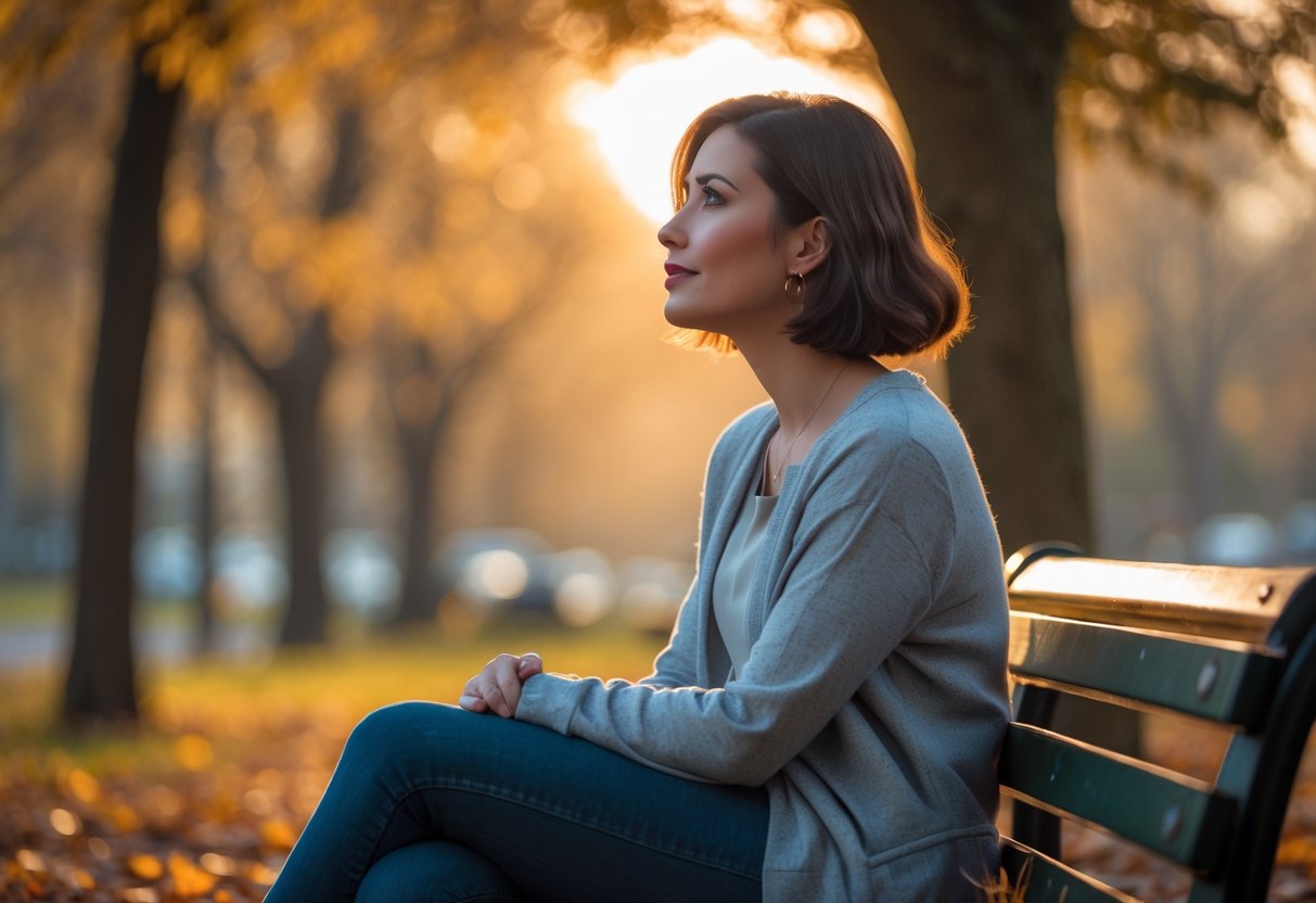 A young woman sitting alone on a park bench, looking thoughtfully into the distance surrounded by autumn trees.