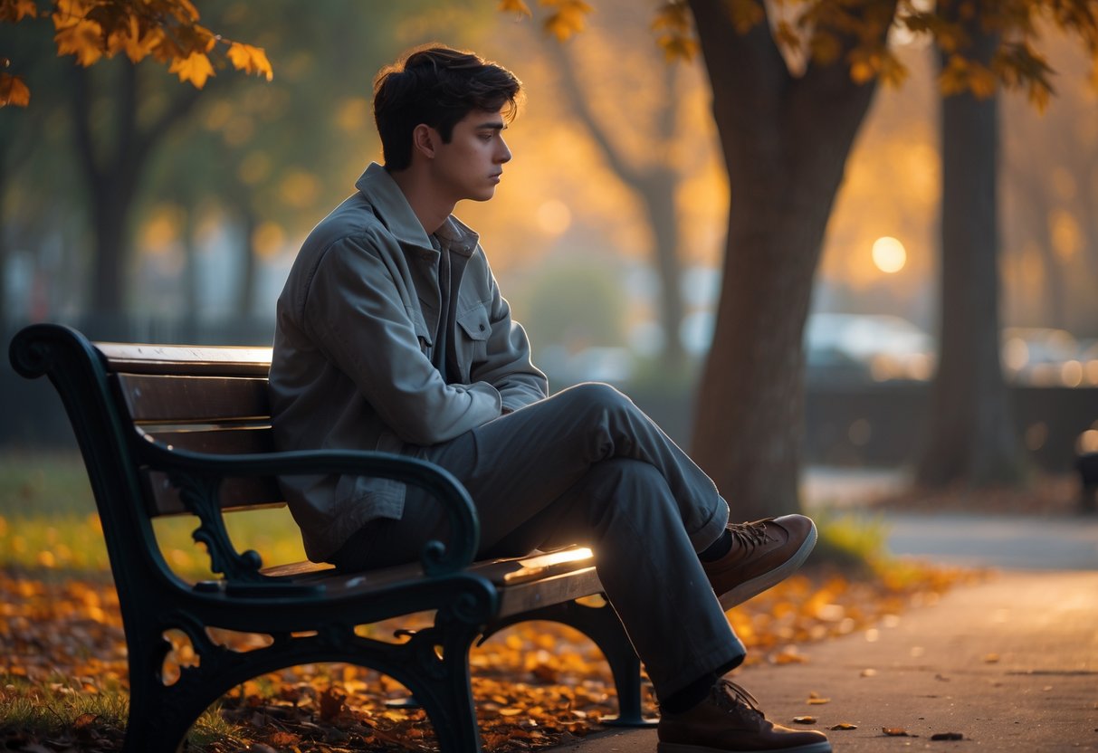 A young adult sitting alone on a park bench surrounded by autumn leaves, looking thoughtful and reflective.