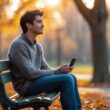 A young adult sitting on a park bench looking thoughtfully into the distance while holding a phone.