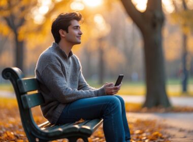 A young adult sitting on a park bench looking thoughtfully into the distance while holding a phone.