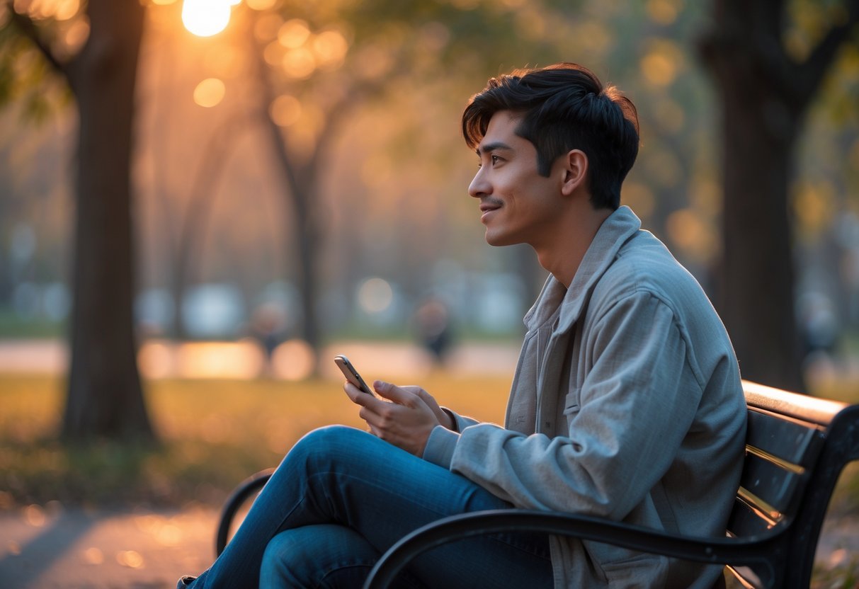 A young adult sitting alone on a park bench, looking thoughtfully into the distance while holding a smartphone.