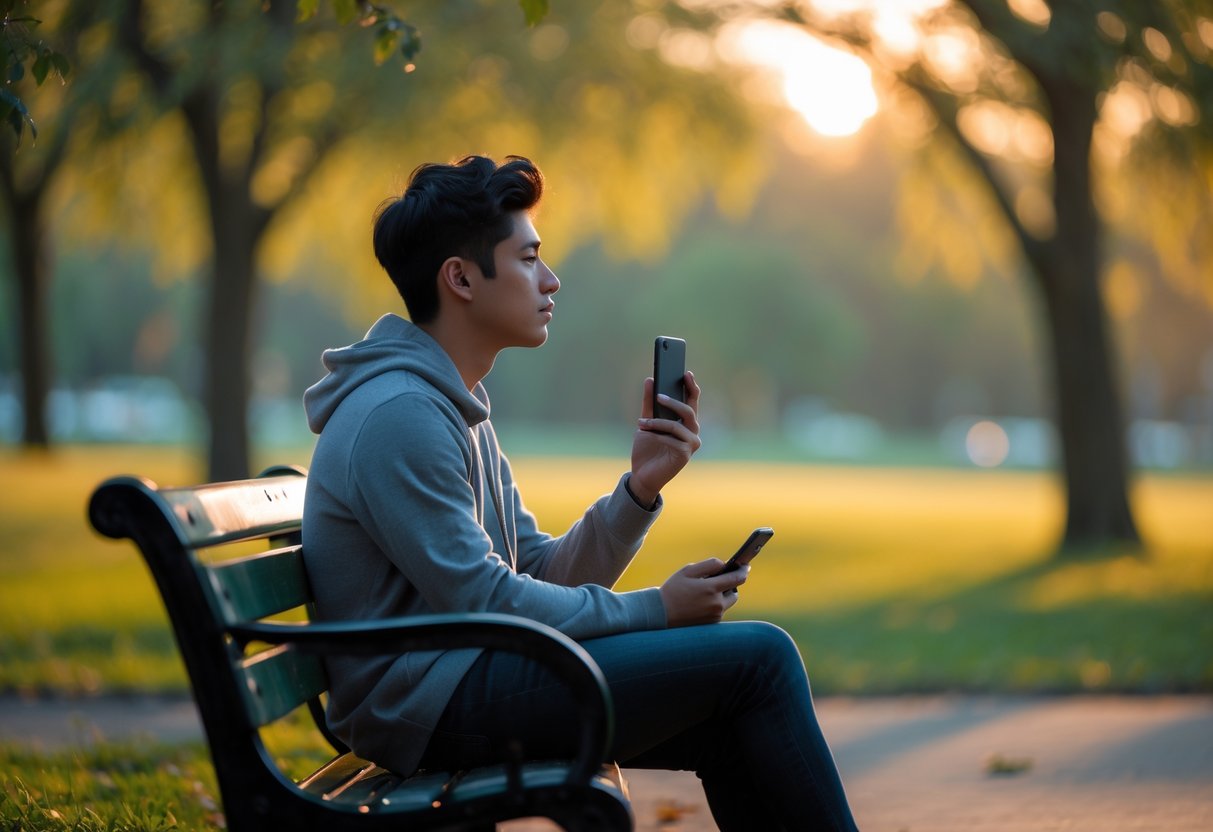 A young adult sitting alone on a park bench holding a smartphone, looking thoughtfully into the distance in a sunlit park.