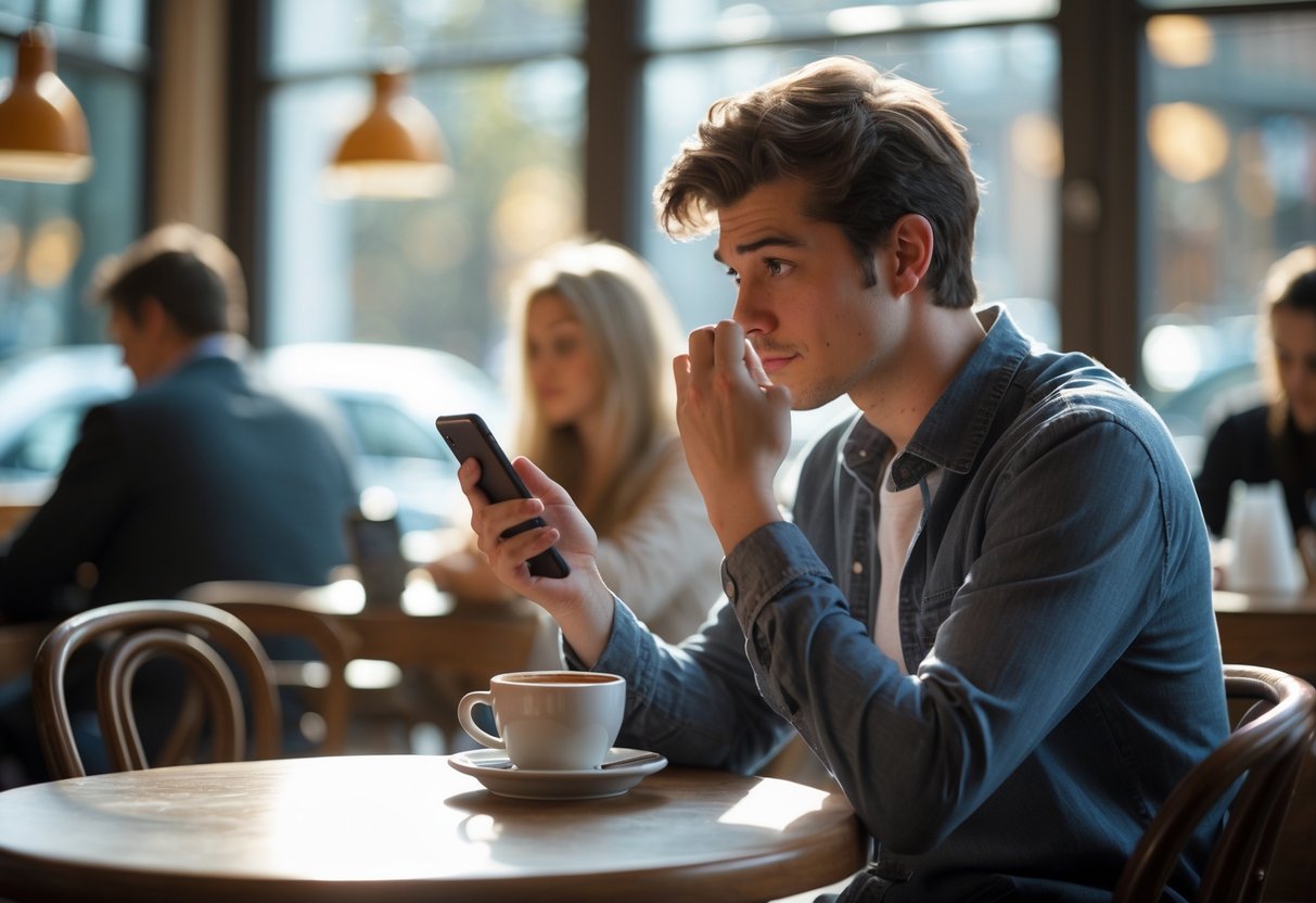A young adult sitting alone at a café table, looking thoughtfully at their phone with a cup of coffee nearby.