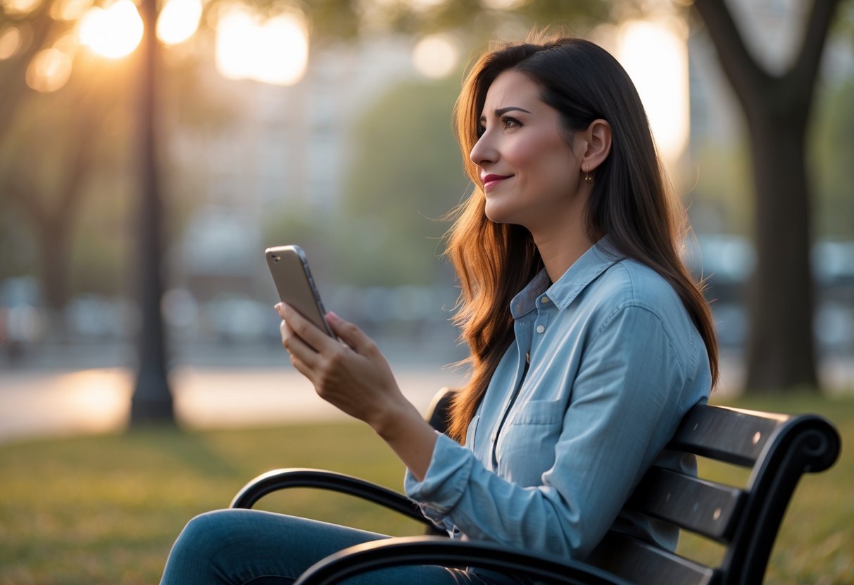 A young woman sitting on a park bench holding a smartphone, looking thoughtfully into the distance.