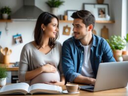 A young couple sitting at a kitchen table, the woman gently touching her stomach while the man looks at her supportively.