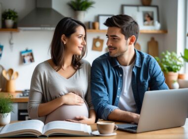 A young couple sitting at a kitchen table, the woman gently touching her stomach while the man looks at her supportively.