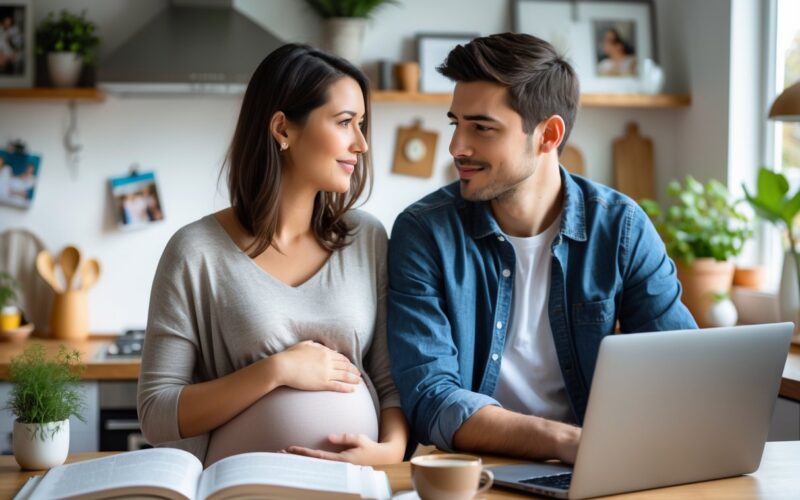 A young couple sitting at a kitchen table, the woman gently touching her stomach while the man looks at her supportively.