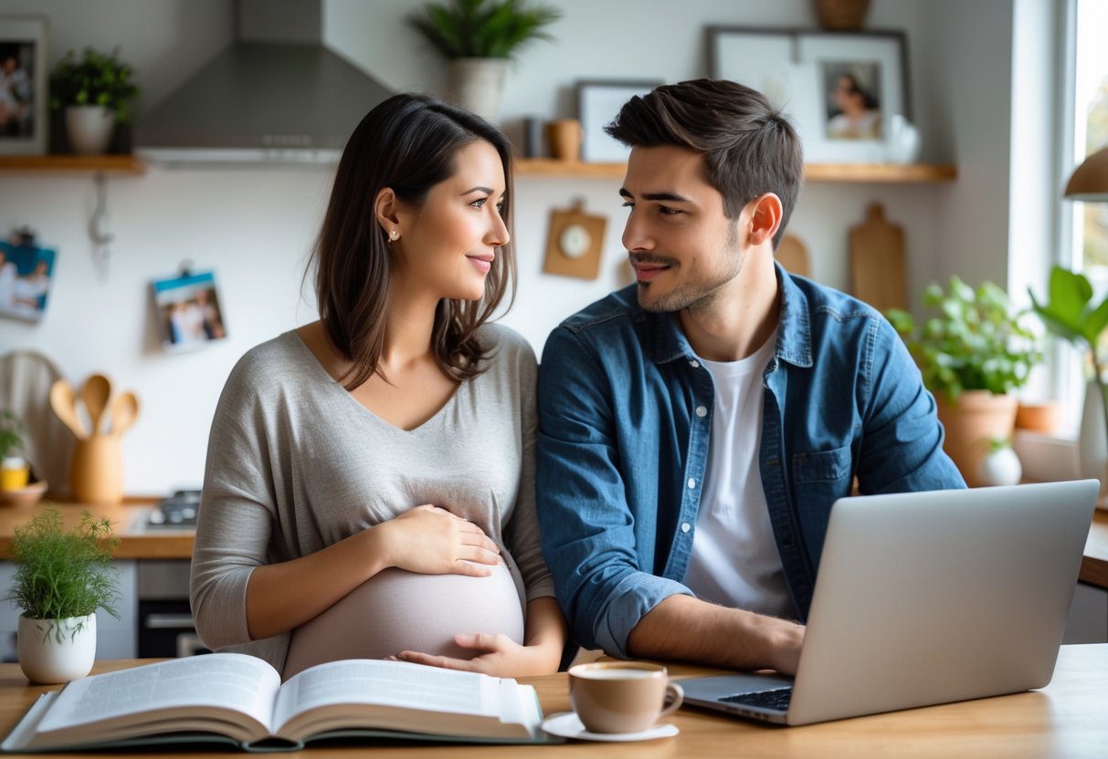 A young couple sitting at a kitchen table, the woman gently touching her stomach while the man looks at her supportively.