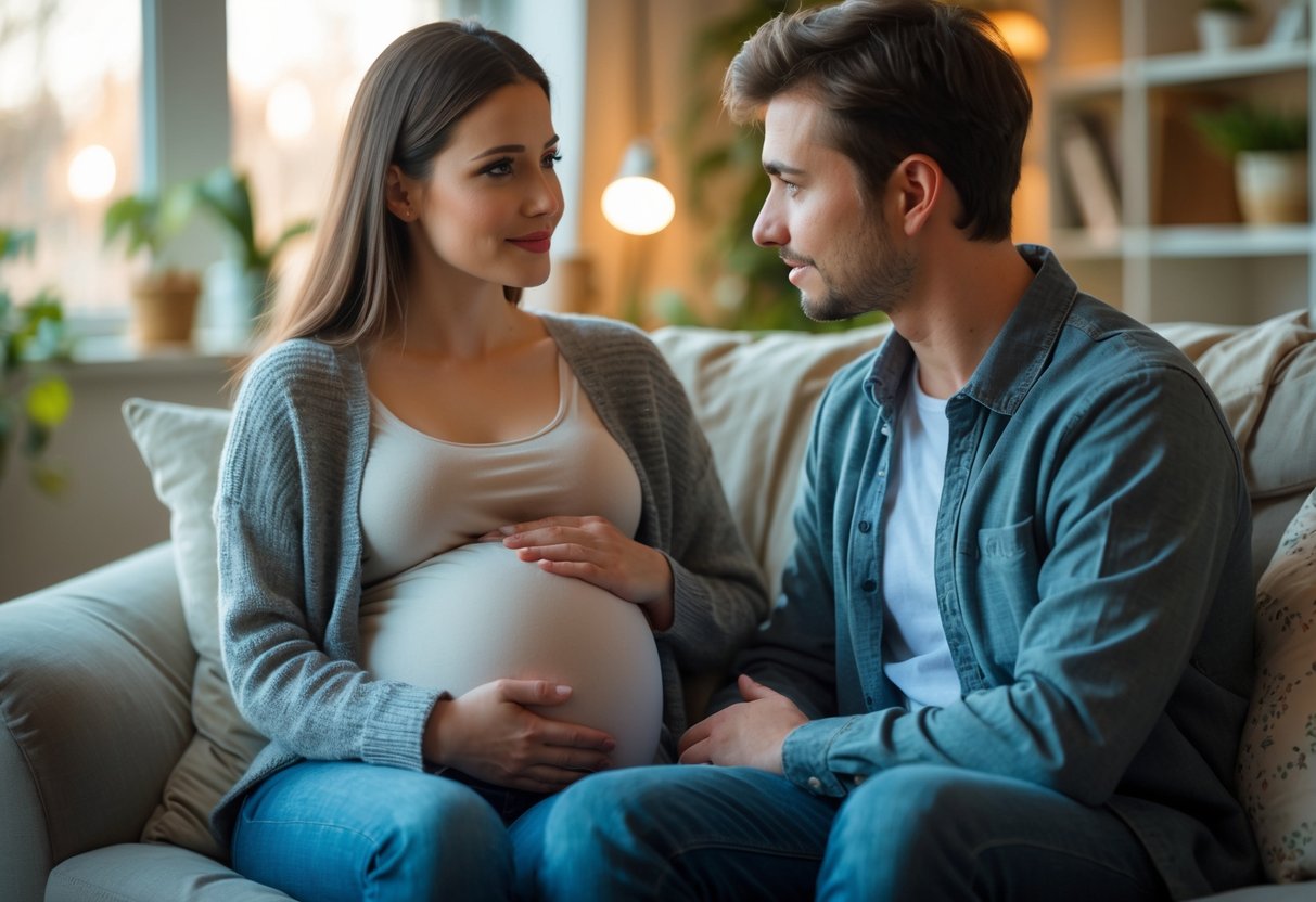 A young couple sitting in a living room having a serious and caring conversation, the woman gently holding her belly while the man looks at her supportively.