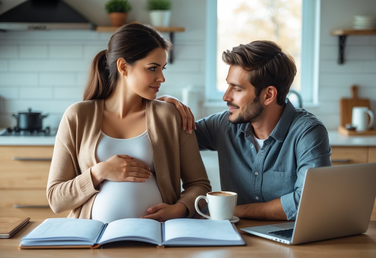 A young couple sitting at a kitchen table, the woman gently holding her belly while the man offers support with a hand on her shoulder.