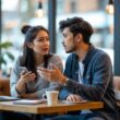 A young couple sitting at a coffee shop table having a thoughtful conversation.