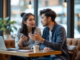 A young couple sitting at a coffee shop table having a thoughtful conversation.