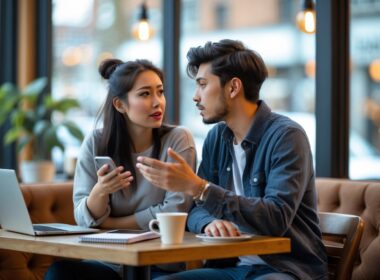 A young couple sitting at a coffee shop table having a thoughtful conversation.