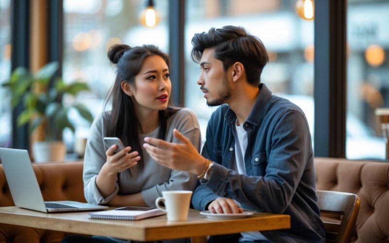 A young couple sitting at a coffee shop table having a thoughtful conversation.