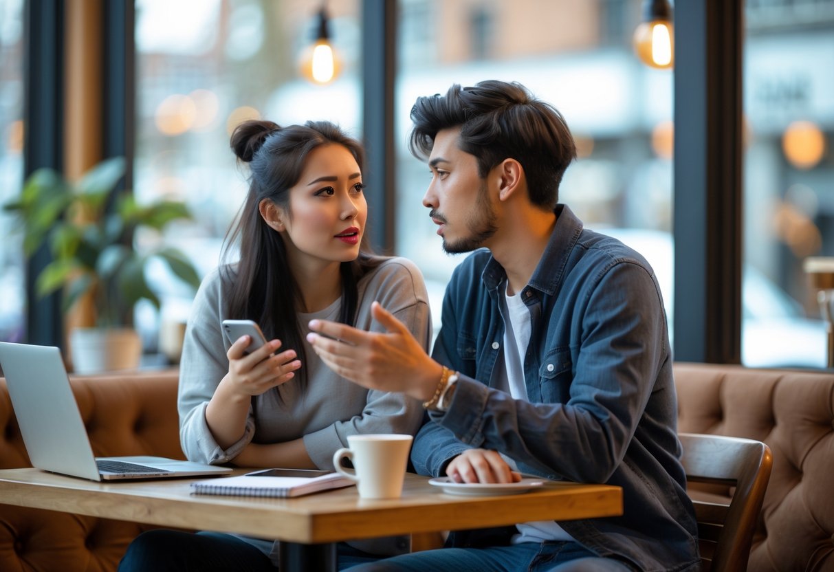 A young couple sitting at a coffee shop table having a thoughtful conversation.
