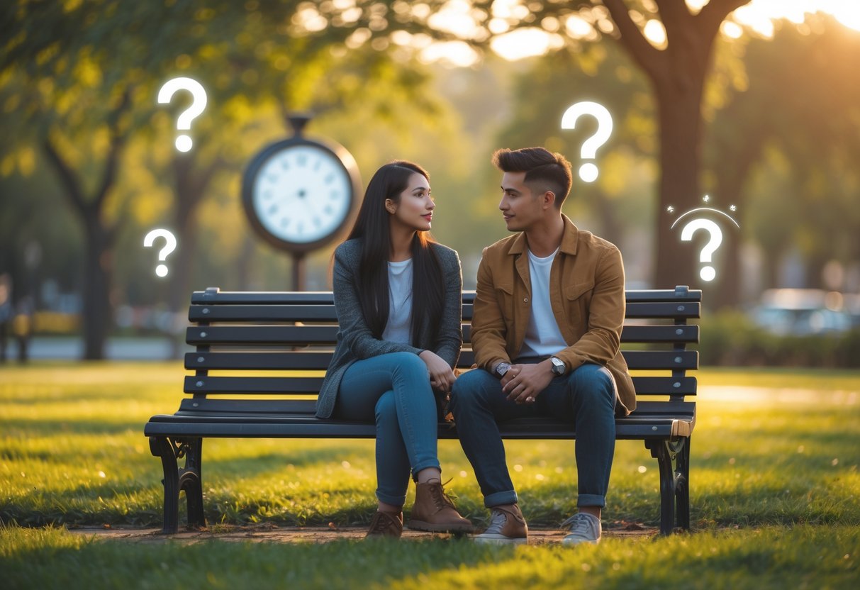 A young couple sitting on a park bench having a thoughtful conversation during sunset, surrounded by trees and soft sunlight.