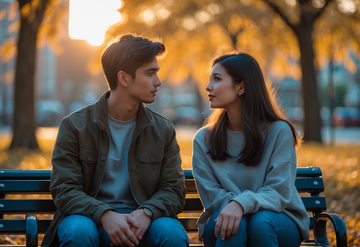 A young couple sitting on a park bench looking thoughtfully at each other with autumn trees and city buildings in the background.