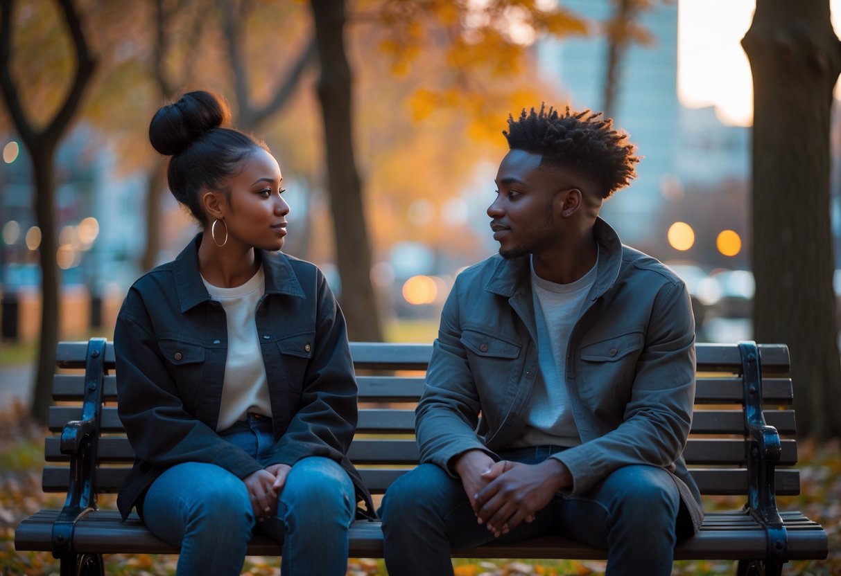 A young couple sitting on a park bench having a thoughtful conversation during sunset in an urban park.
