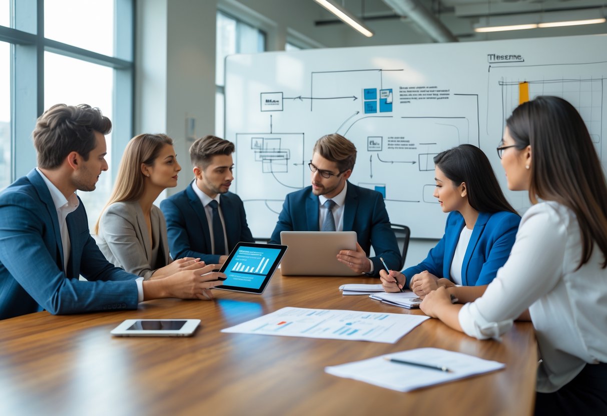 A group of young adults having a discussion around a table with a tablet and whiteboard in a bright office.