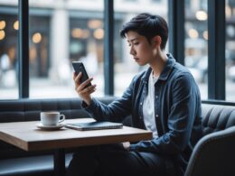 A person sitting alone at a cafe table, looking thoughtfully at their smartphone with a cup of coffee and a notebook nearby.