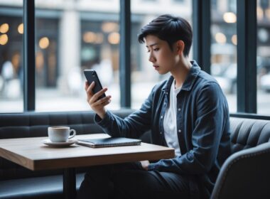 A person sitting alone at a cafe table, looking thoughtfully at their smartphone with a cup of coffee and a notebook nearby.