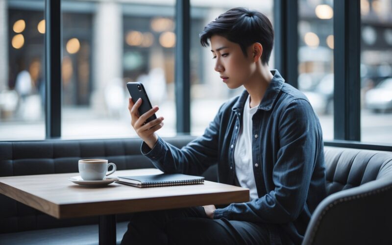 A person sitting alone at a cafe table, looking thoughtfully at their smartphone with a cup of coffee and a notebook nearby.