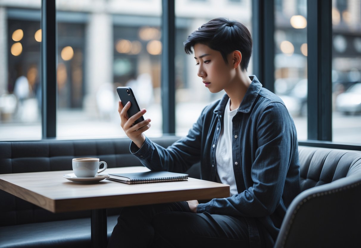 A person sitting alone at a cafe table, looking thoughtfully at their smartphone with a cup of coffee and a notebook nearby.