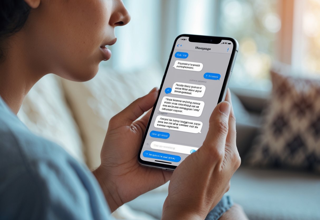 Close-up of a person holding a smartphone, thoughtfully composing a message in a calm indoor setting.