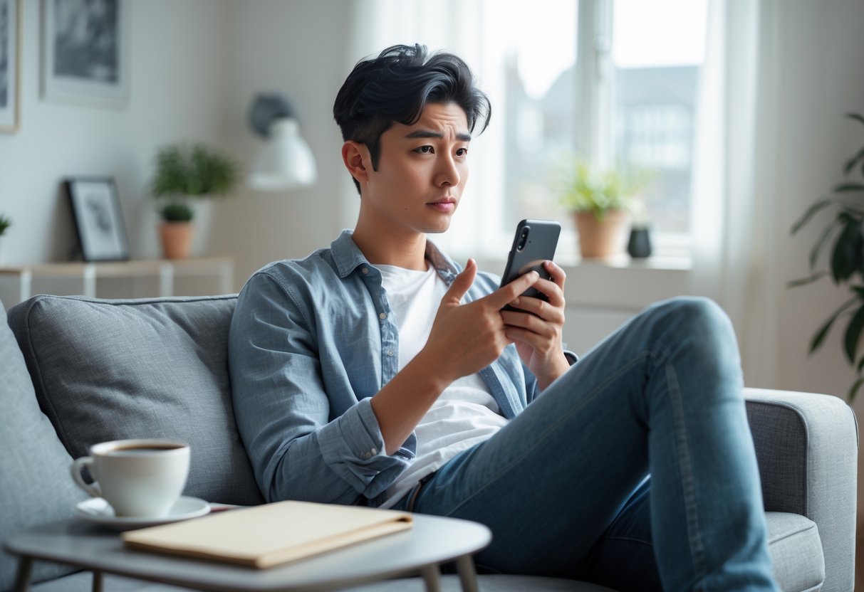 A young adult sitting on a sofa in a living room, holding a smartphone with a thoughtful expression.