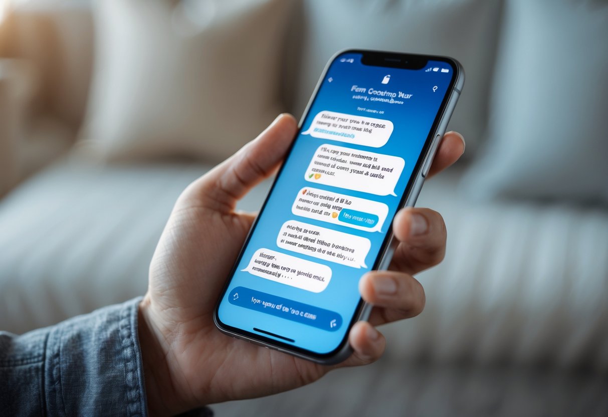 A close-up of a hand holding a smartphone showing a messaging app screen in a softly blurred indoor setting.