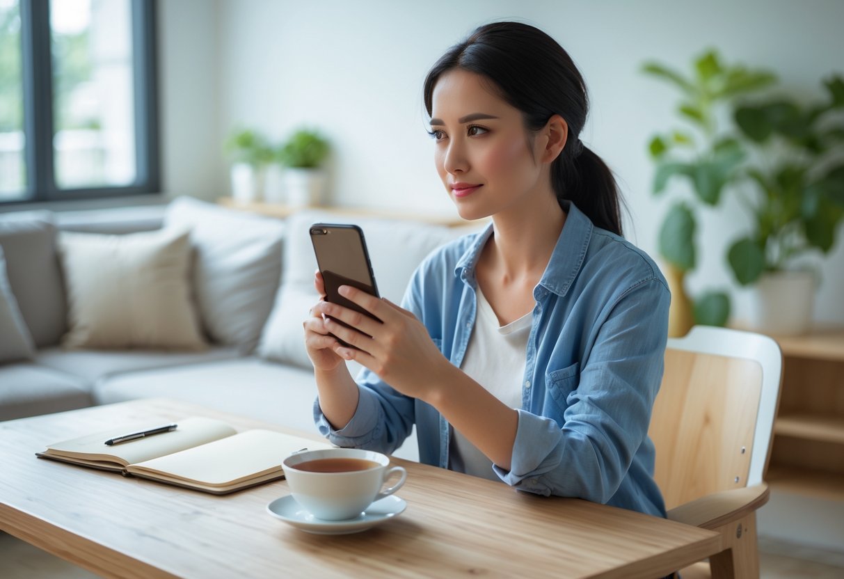 A young woman sitting at a desk looking thoughtfully at her smartphone in a bright living room.