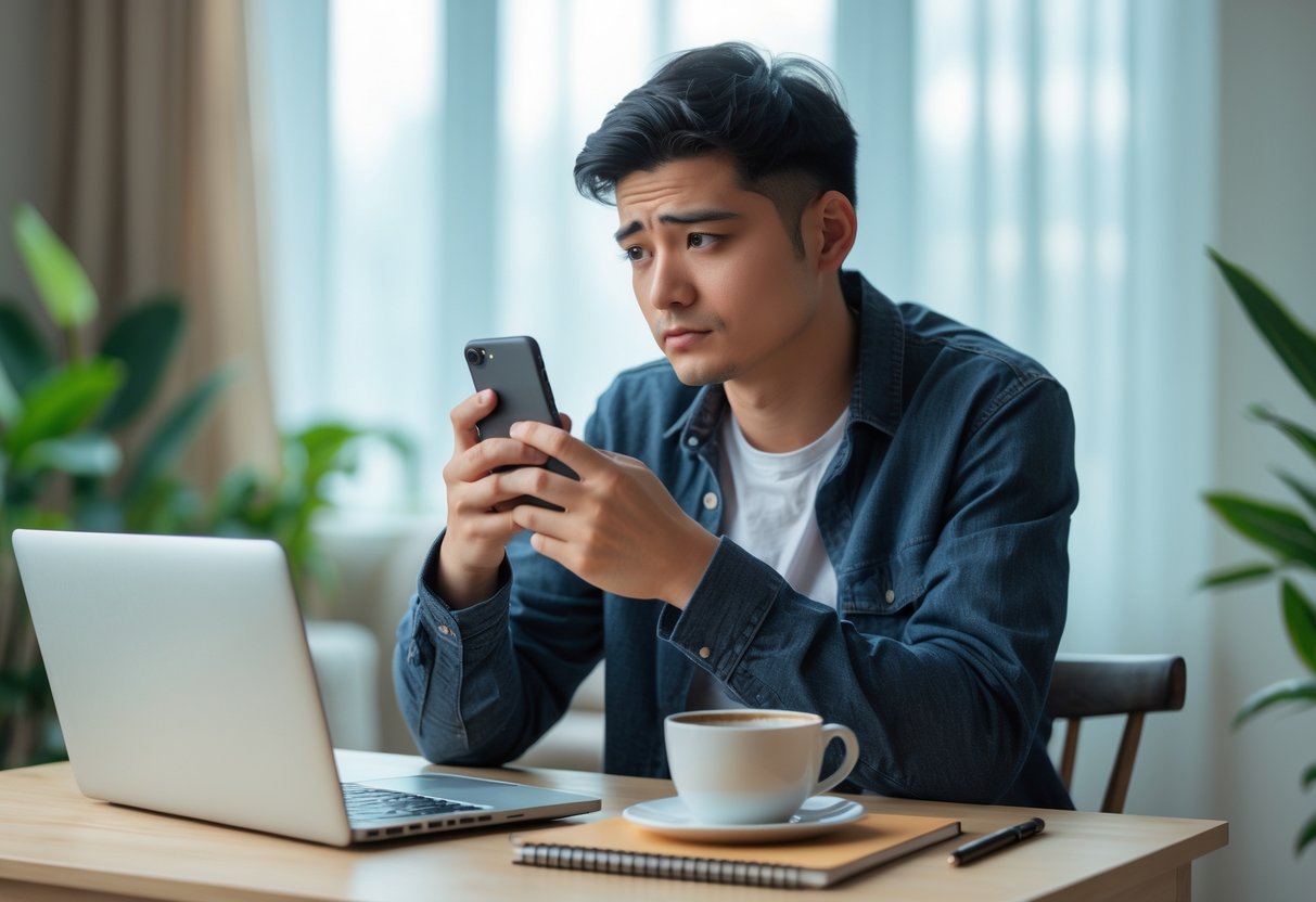 A young adult sitting at a desk holding a smartphone with a thoughtful expression in a cozy living room.