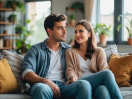 A young couple sitting on a couch in a living room, the man looking thoughtful and the woman smiling gently.