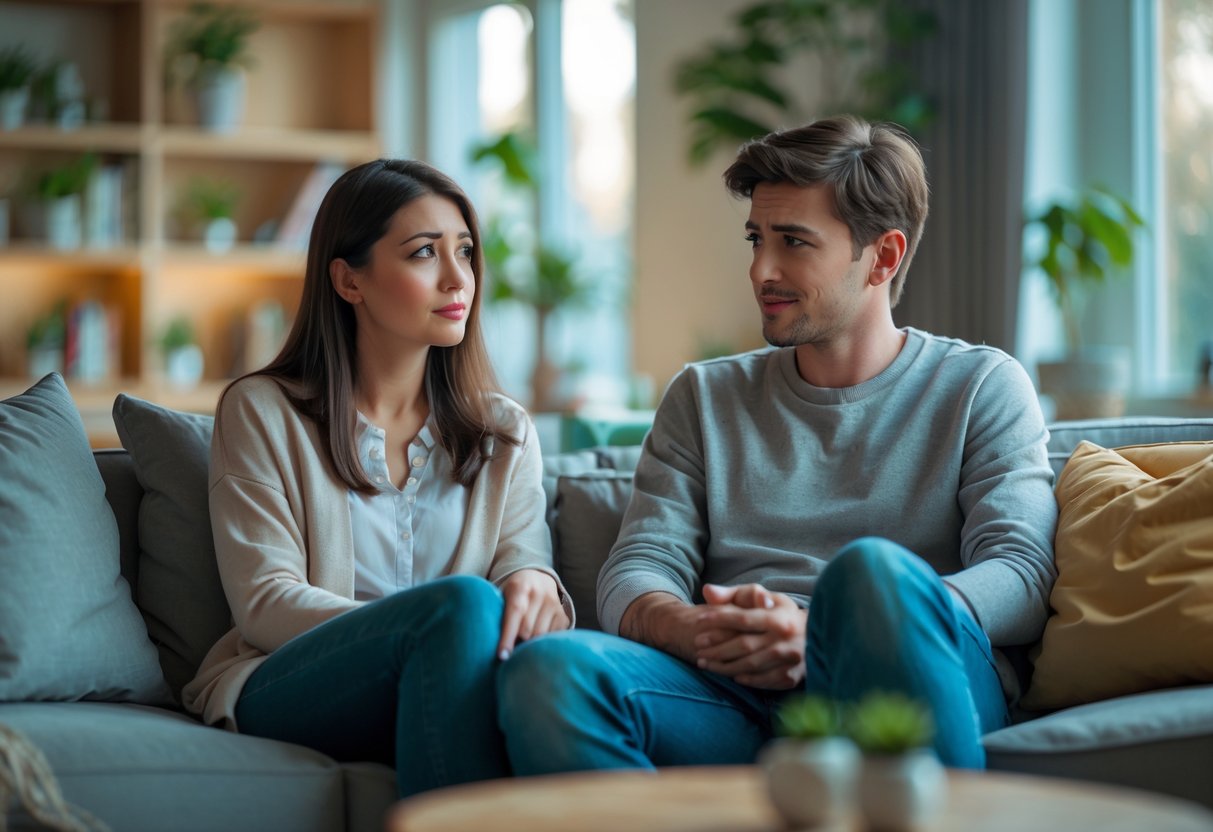 A young couple sitting on a couch having a calm and thoughtful conversation in a cozy living room.