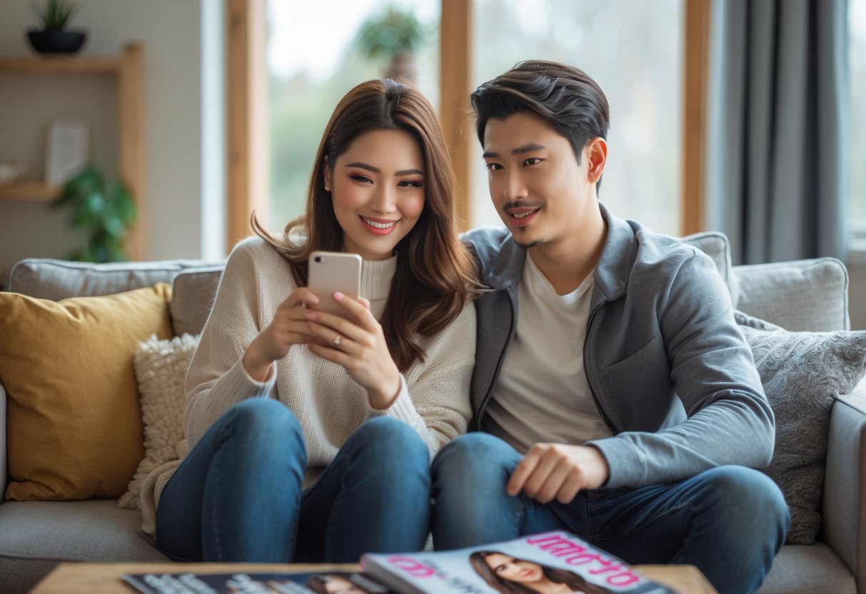 A young couple sitting on a sofa in a living room, the woman looking at her phone and smiling, the man looking at her with a curious expression.