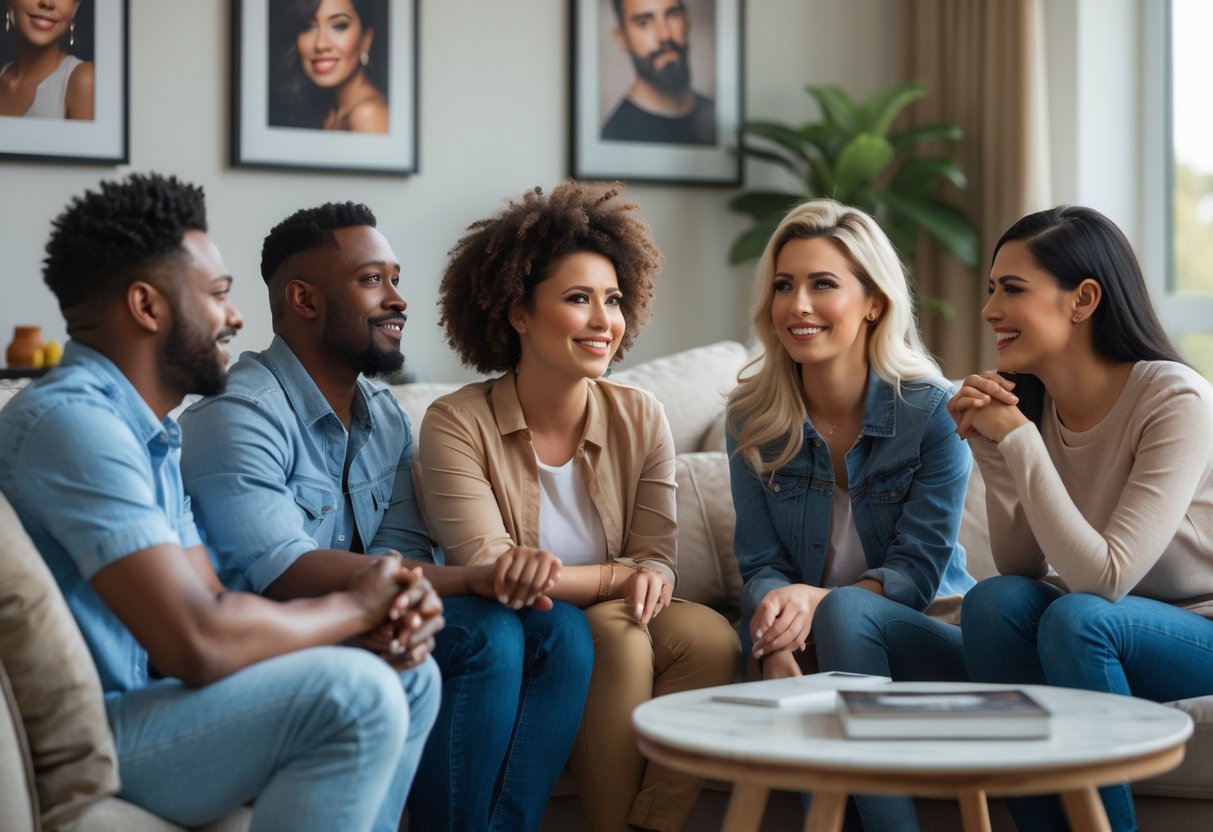 A group of men and women sitting together in a living room, talking and listening to each other with thoughtful expressions.