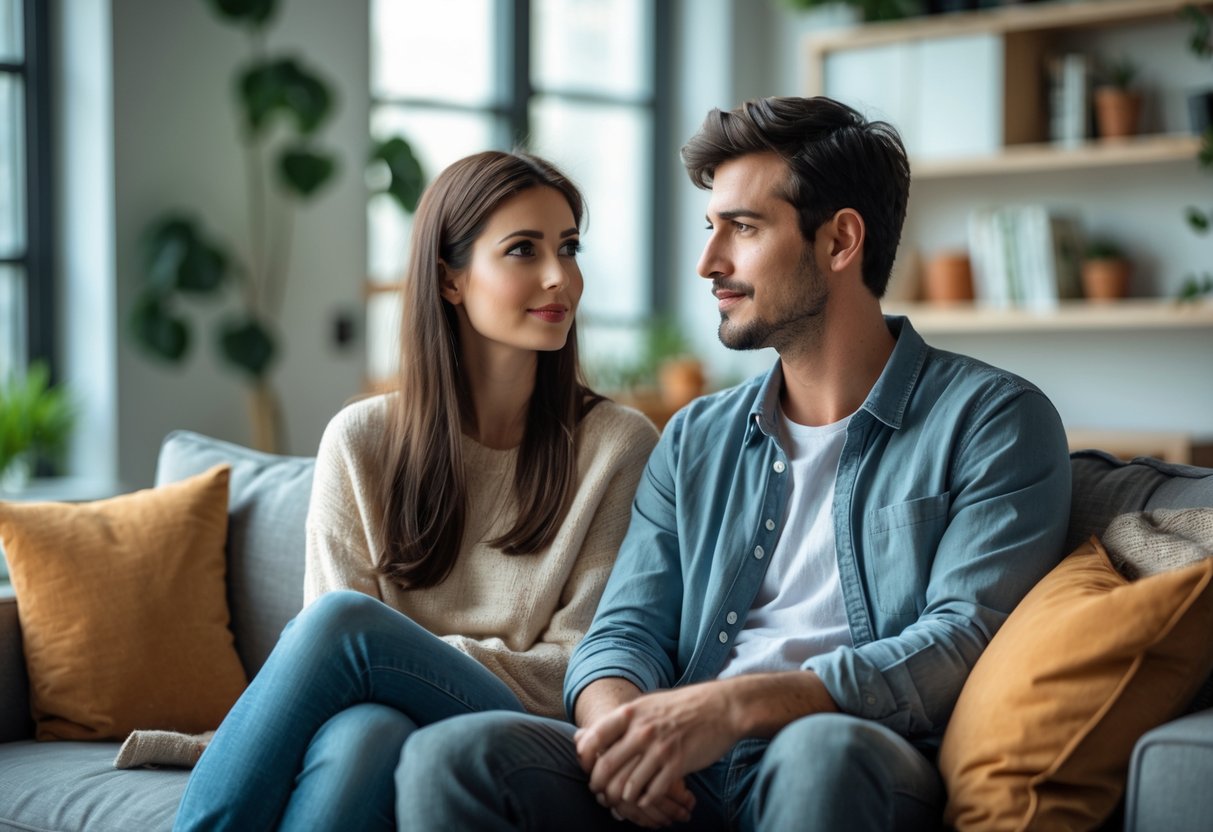 A young couple sitting on a couch having a calm and thoughtful conversation in a cozy living room.