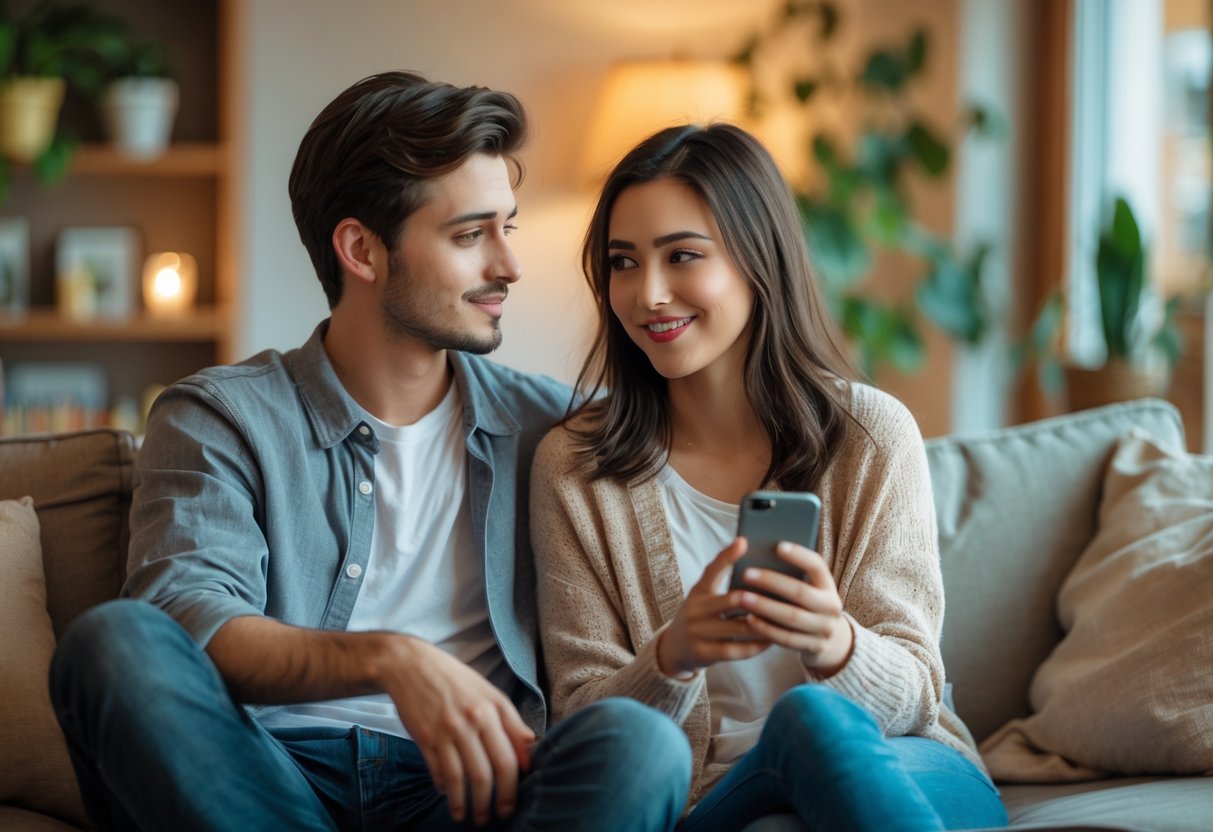A young couple sitting on a couch having a gentle conversation, the woman holding a smartphone and smiling while the man looks at her thoughtfully.