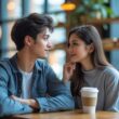 A young man and woman sitting together at a coffee shop table, looking at each other with friendly and curious expressions.